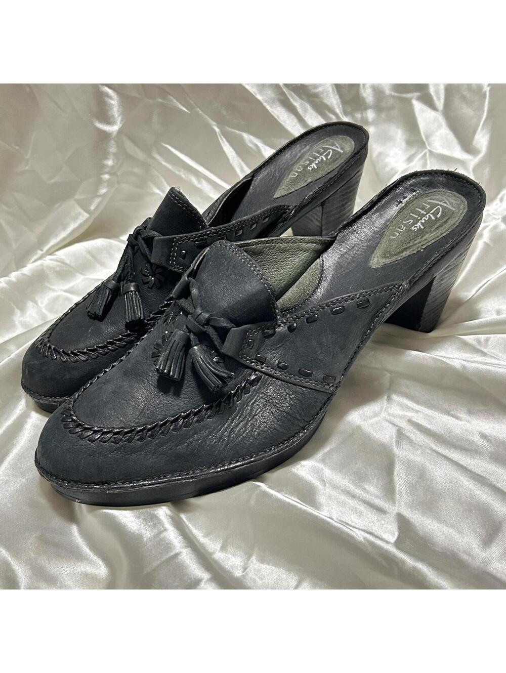 Artisan Clarks Black Leather Heeled Slip On Tassle Detail Clogs Size 8.5
